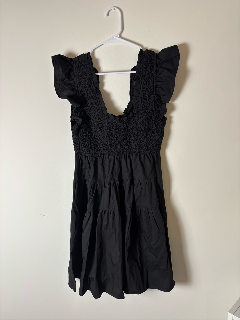 En Saison Black Smocked Mini Dress with Ruffle Sleeves
